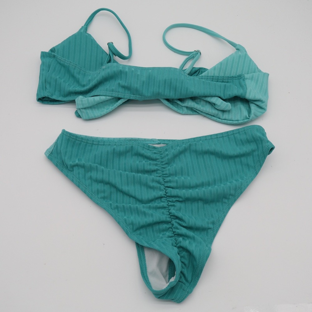 2 Piece Triangle Bikini Set Women S Aqua Ribbed Stretch Spaghetti Strap Swimwear - Picture 4 of 5